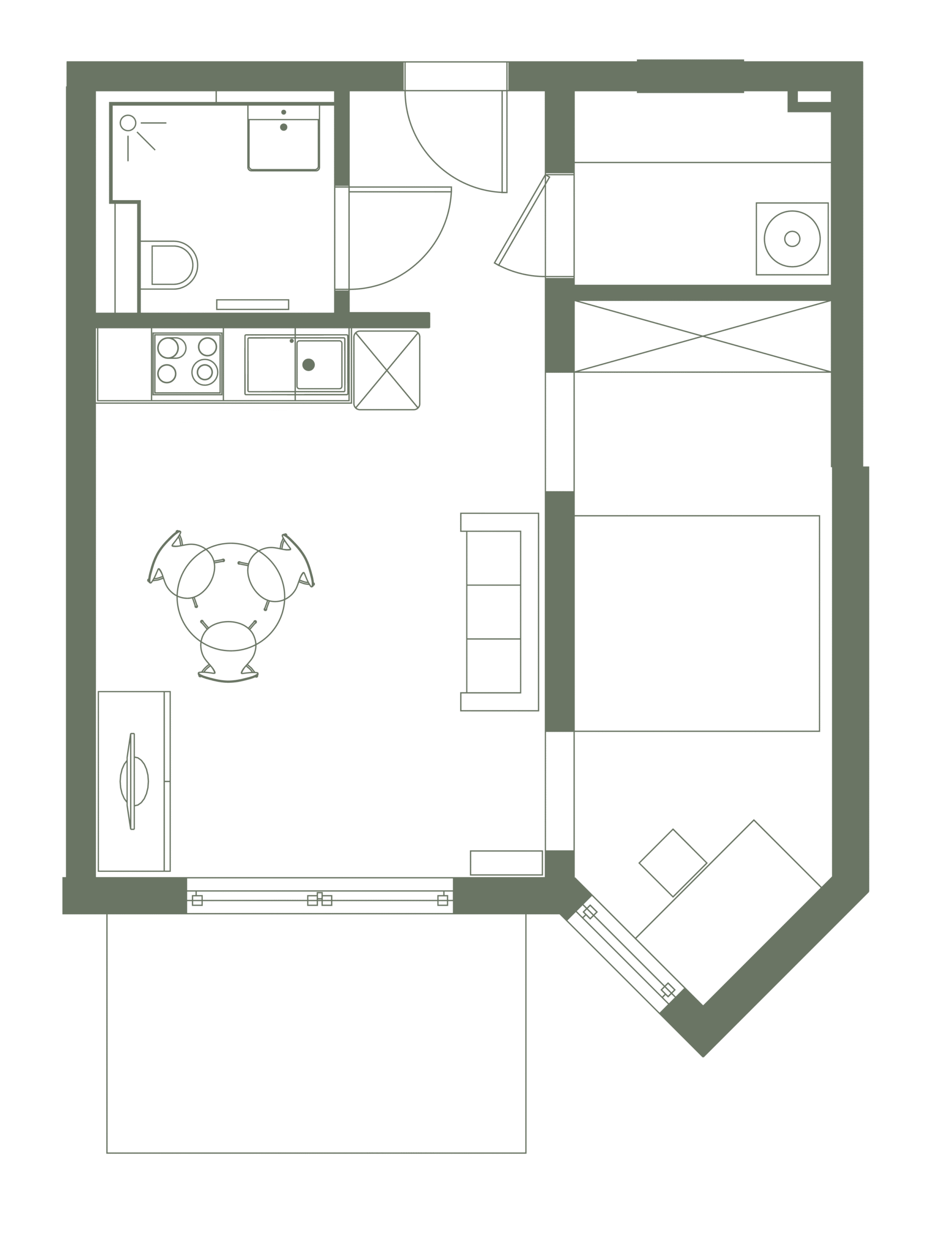 Grundriss einer barrierefreien 1-Zimmer-Wohnung mit Küche, Bad und Schlafbereich im Wichernhof Roßtal bei Nürnberg