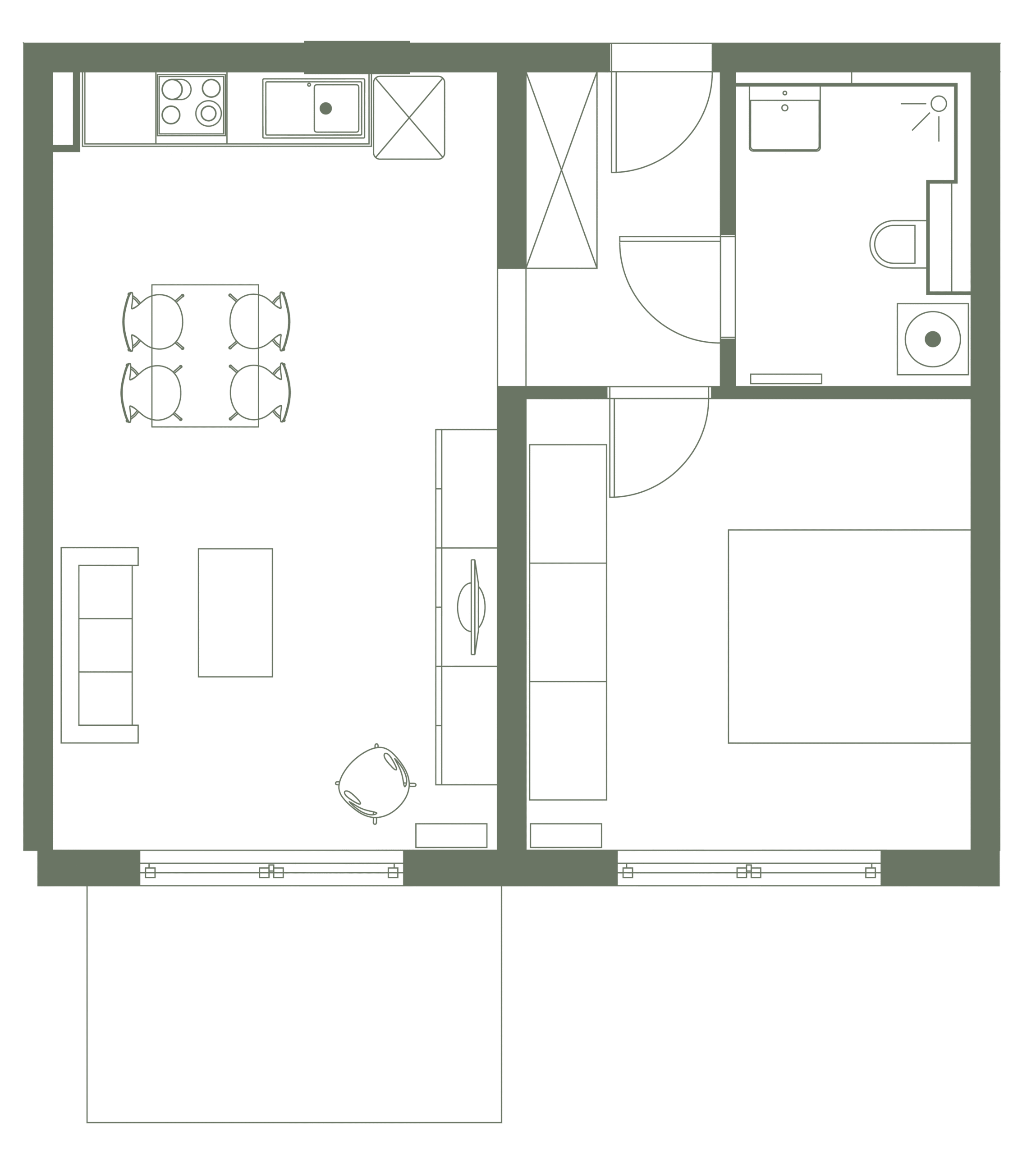 Grundriss einer barrierefreien 2-Zimmer-Wohnung mit Küche, Schlafzimmer und Bad im Wichernhof Roßtal bei Nürnberg