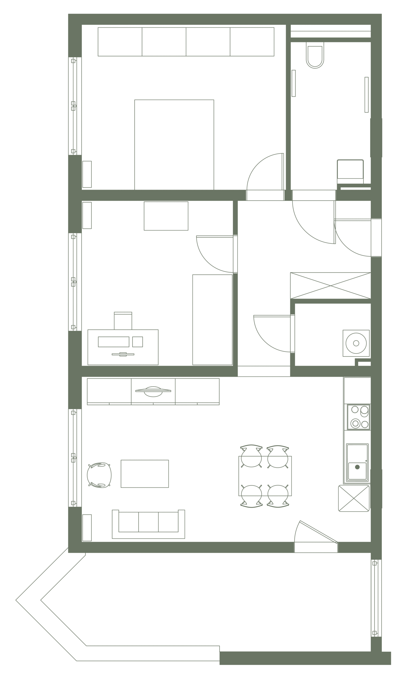 Grundriss einer barrierefreien 3-Zimmer-Wohnung mit Gästezimmer, Küche und Bad im Wichernhof Roßtal bei Nürnberg